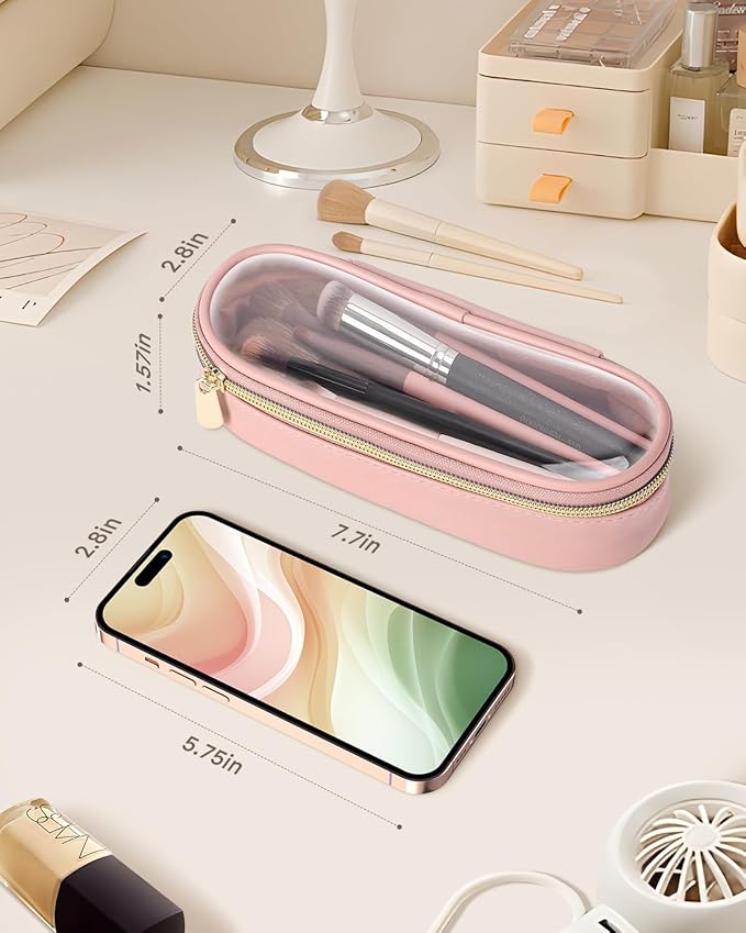 Clear Travel Makeup Brush Holder, Leather Makeup Brush Toiletry Bag, Portable Cosmetic Brush Case, Transparent Waterproof Makeup Brush Storage Bag, Pink