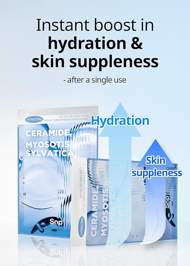 SNP Skin Return Hydrating Essence Sheet Mask | Moisturizing and Protecting for All Skin Types | Vegan Sheet Masks with Ceramide NP | Korean Face Masks Skincare | Facial Mask | 10 Sheets