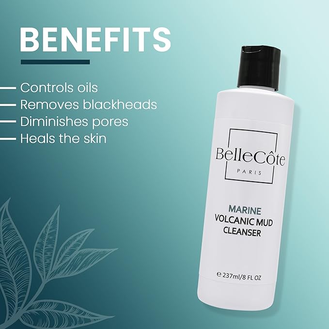 BelleCôte Paris Marine Volcanic Mud Face Cleanser - Detoxifying Clay Oily & Combination Skin, Pore Reduction and Acne | Ideal Face Cleanser for Men & Women Especially After a Vigorous Workout