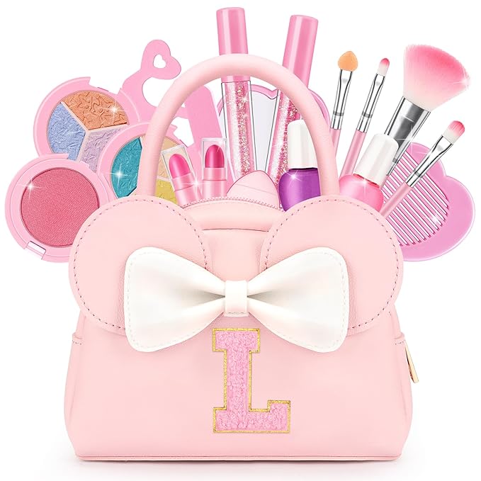 Kids Real Makeup Kit for Girls - 18Pcs Non-Toxic Washable Make Up Toys with Initial Toddler Purse - Personalized Birthday Gifts for Age 3 4 5 6 7 8 9 10 Years Old Girls Vanity Set - L