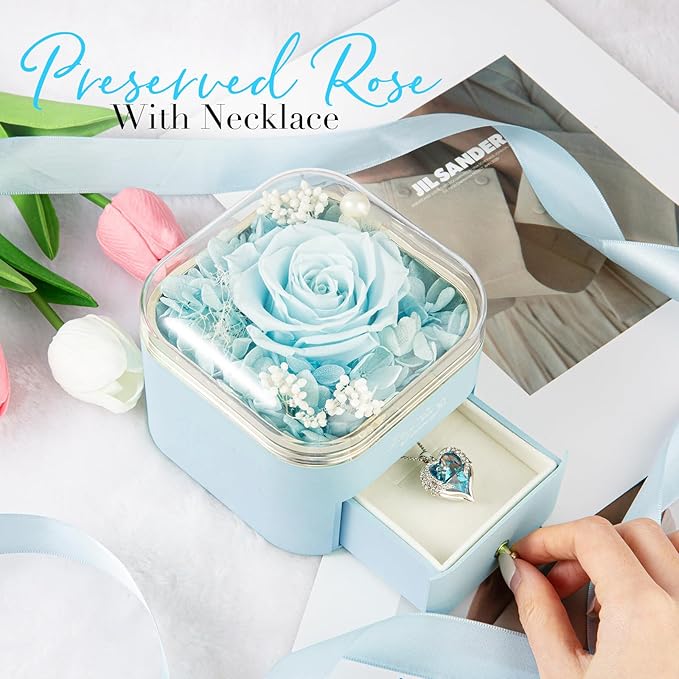 Preserved Real Light Blue Rose with Angle Wings Necklace, Forever Flowers Gifts for Mom Grandma Wife Girlfriend at Christmas Valentines, Anniversary Birthday Gifts for Women, I Love You Gifts for Her