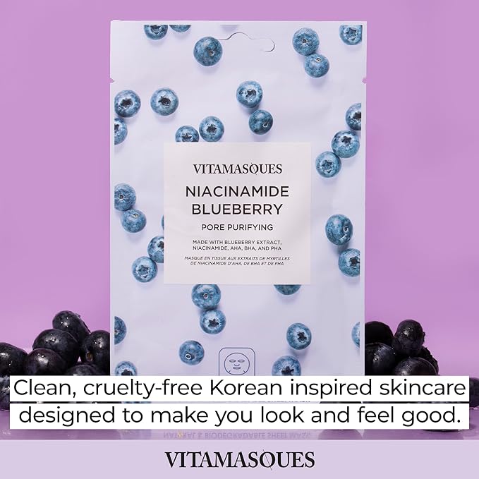 Vitamasques Niacinamide Blueberry Face Sheet Mask 7 Pack - Pore Purifying Korean Skin Care Sheet Face Mask Improves Uneven Skin Tone & Reduces Blemishes