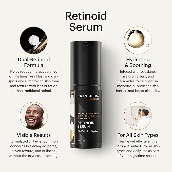 MANSCAPED® Skin Ultra™ Retinoid Serum - Dual Retinoid Age-Defying Formula with Squalane, Ceramides & Hyaluronic Acid to help Reduce Appearance of Fine Lines, Wrinkles & Dark Spots, 1 fl oz.