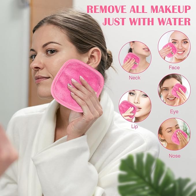 Orighty Makeup Remover Cloths 7-Day Set, Premium & Reusable Makeup Remover Pads, Erase Make-up With Just Water, Make-up Set For Eyes, Lips, Foundation and more, Ideal Choice For Women (Pink)