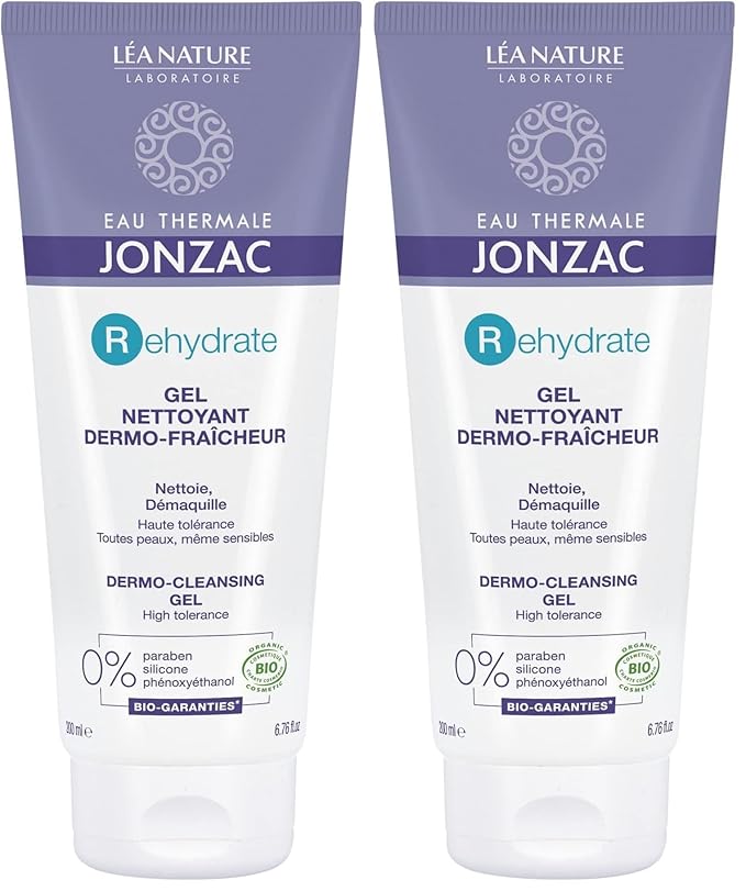 Eau Thermale Jonzac Rehydrate Organic Dermo Cleansing Gel - Gentle Daily Facial Cleanser - Sensitive Skin Approved - Leaves Skin Feeling Smooth & Hydrated - 6.75 Fl oz (Pack of 2)