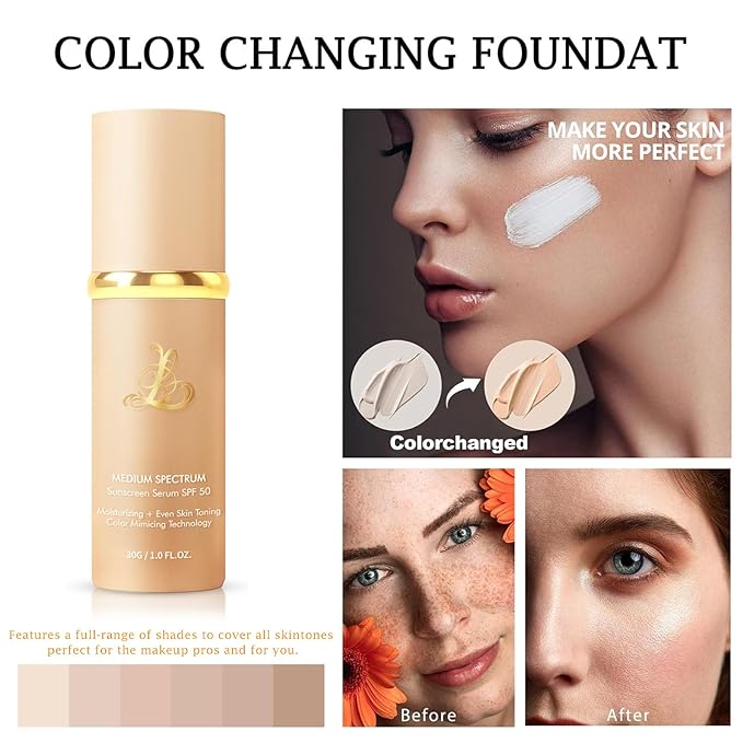 Match Foundation 4-in-1 with SPF 50 : Color Changing Foundation Medium Spectrum with 2 Brushes and 2 Cosmetics Sponge - Moisturizing & Concealer Face Makeup for All Skin Types