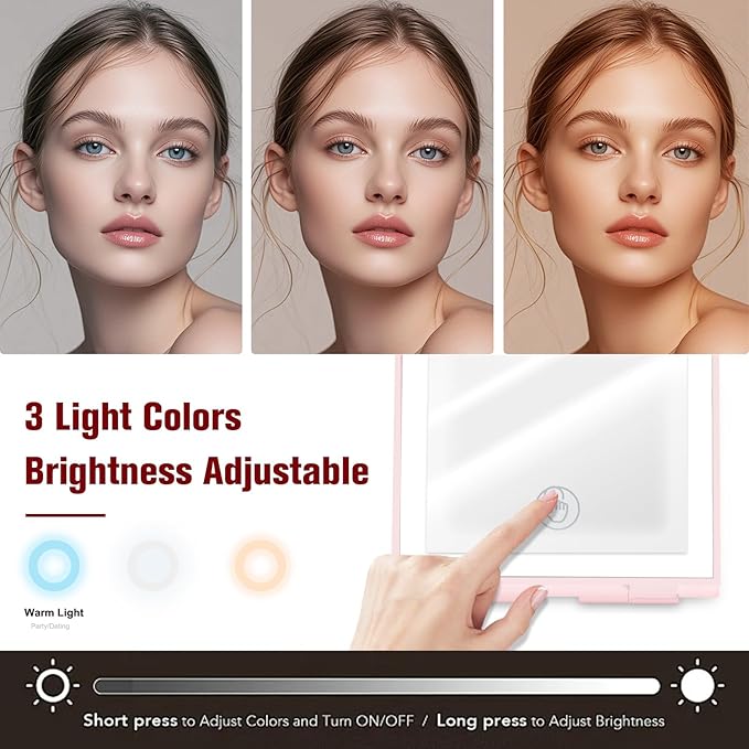 Travel Makeup Mirror with Lights, Rechargeable Portable Folding Compact Mirror Set with Tweezer, Lighted Makeup Mirror with 72 LED 3 Color Light Modes, Dimmable Touch Screen LED Mirrors-Pink