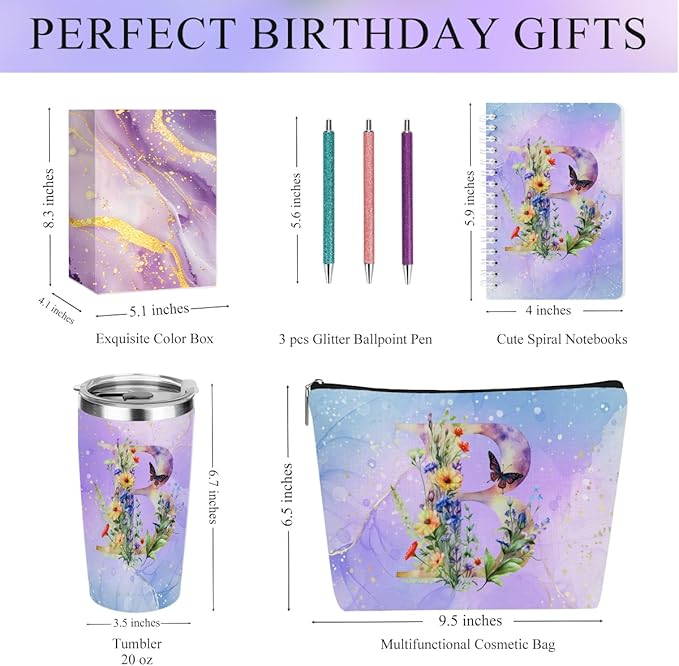 Personalized Gifts Monogrammed Birthday Gifts for Women, Cowerker Mom Boss Day Christmas Initial 20 oz Tumbler, Makeup Bag Cup Ballpoint Pens Journal Notebook 6 Set, (Aesthetic Purple Flower B)
