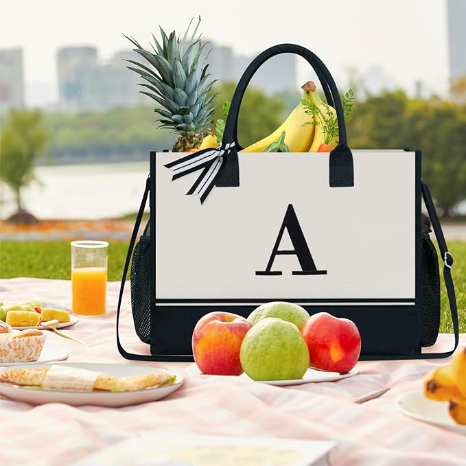 TOPDesign Personalized Initial Canvas Tote Bag, for Wedding, Birthday, Beach, Perfect Gifts for Women, Mom, Teachers, Friends