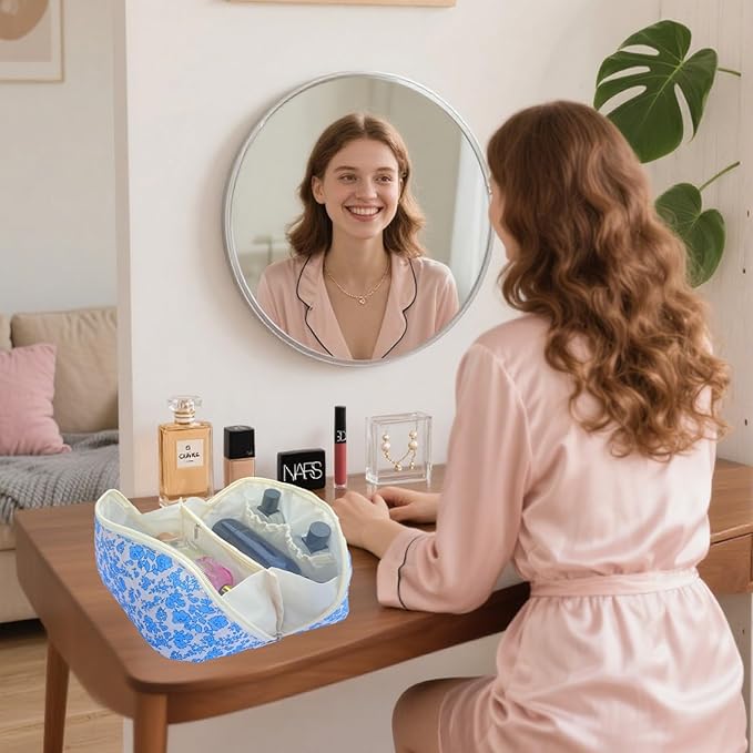 Blue Large Quilted Floral Makeup Bag Cute Coquette Aesthetic Cosmetic Bag Open Flat Travel Toiletry Make up Bag for Women