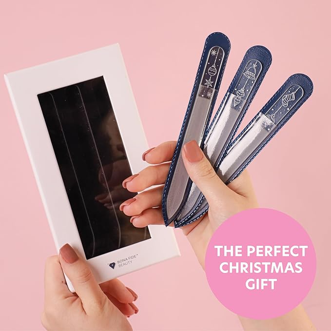 Christmas Gift Set - 3 Czech Glass Nail Files, Ideal Stocking Stuffer for Teen Girls, Beautiful Nail Care Gift for Women, Limited Edition by Bona Fide Beauty