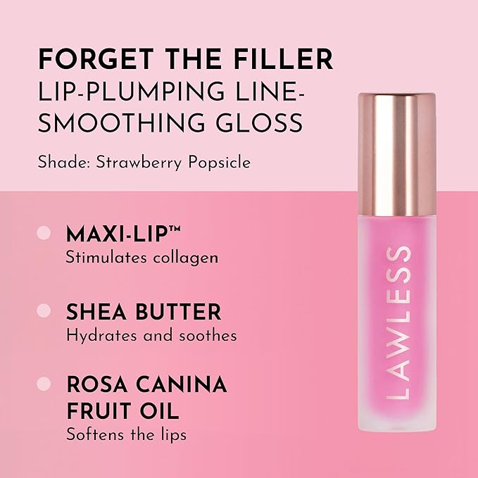 Lawless Forget the Filler Lip Plumping Line Smoothing Gloss - Strawberry Popsicle - Premium Volumizing Lip Gloss with Natural Ingredients Designed to Plump, Firm, and Hydrate Lips 0.11 oz
