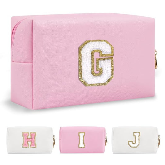 Personalized Initial A-Z Preppy Patch Makeup Bag,Small PU Chenille Letter Cosmetic Bag with Zipper for Teen Girls,Pink Cute Toiletry Organizer Bag,Monogram Makeup Case Gift for Women Girls,Letter G