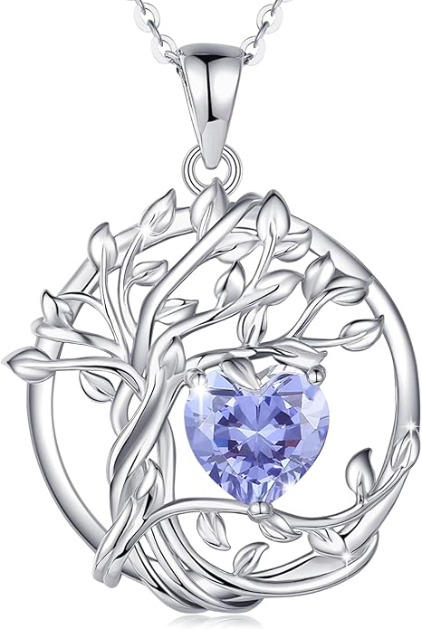 FANCIME Tree of life Birthstone necklace Sterling Silver Pendant Birthstone Necklace Gemstone Anniversary Birthday Jewelry Christmas Gifts for Mom Her Wife
