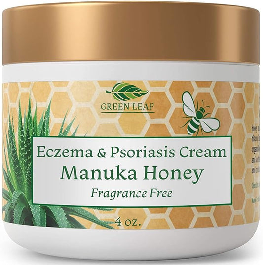 Green Leaf Naturals Manuka Honey Eczema Cream Moisturizing Lotion Fragrance Free for Psoriasis Relief - Itchy, Dry Skin Ointment - Skin Soothing Moisturizer - Body & Face Cream - Kids & Adults 4oz