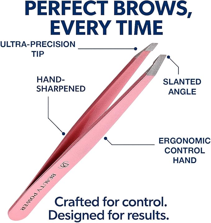 Professional Tweezers in Case - Slant, Durable Lightweight German Stainless Steel, Ultra Precision Tweezers for Eyebrows, Facial Hair, Chin, and Ingrown Hair Removal - Gift (Pink)
