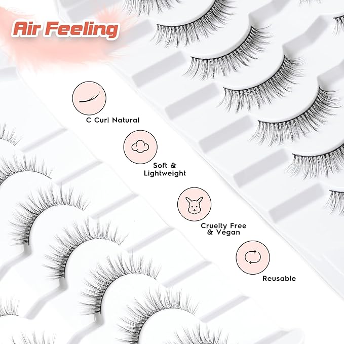 Anime Lashes Wispy False Eyelashes Natural Look 12MM Strip Lashes Thin Band False Lashes 3D Volume Fake Eyelashes 7 Pair C Curl Lash Pack Siligli