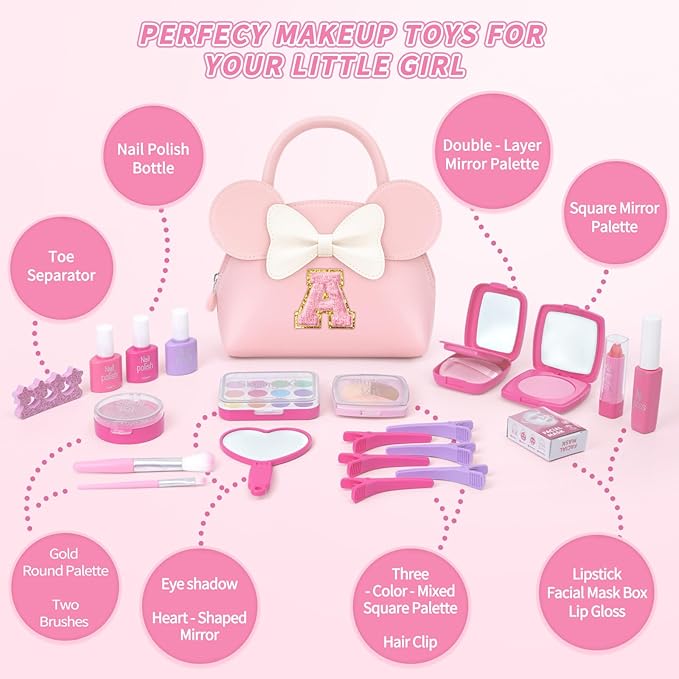 Kids Real Makeup Kit for Girls - 21Pcs Non-Toxic Make Up Toys with Initial Toddler Purse - Personalized Birthday Gifts for Age 5 6 7 8 9 10 Years Old Girls Vanity Set - J