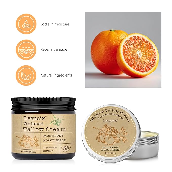 2PC Grass-Fed Beef Tallow for Skin,Tallow Face Moisturizer All-Natural Skin Care,Beef Tallow for Body & Face Moisturizer(Orange,2.12+1.06Oz)