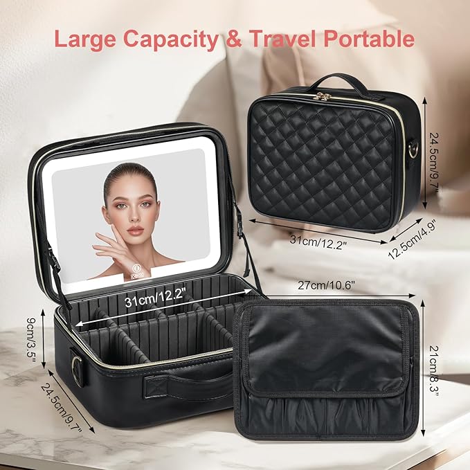 Makeup Case with LED Light Mirror, Professional Portable Travel Cosmetic Organizer Bah with Adjustable Dividers, USB Charging, Large Capacity, Ideal for Travel, Gift for Women Girls, Black