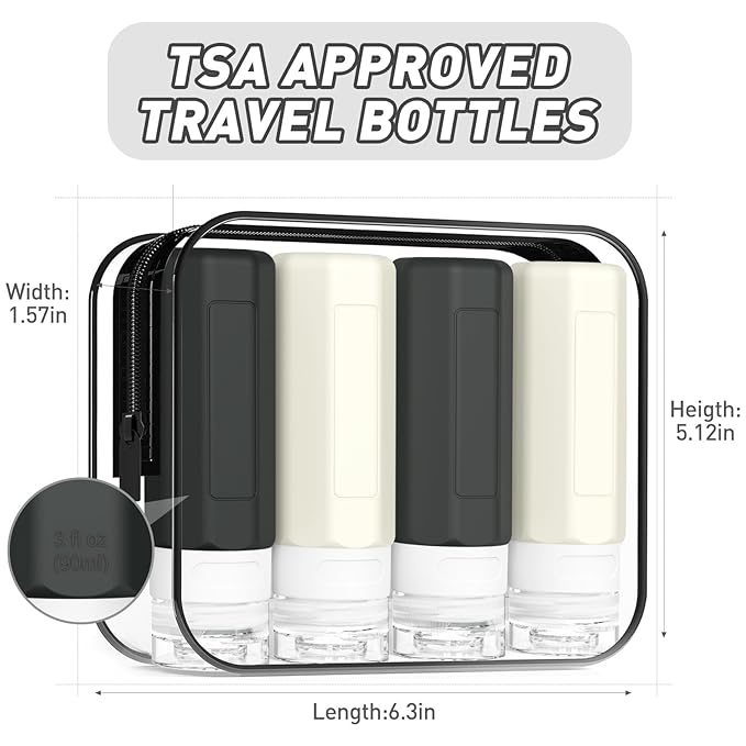 Redfly Travel Bottles for Toiletries, 3oz Tsa Approved Travel Size Containers, BPA Free Leak Proof Containers for Toiletries, Silicone Refillable Essentials for Shampoo Conditioner Black-white