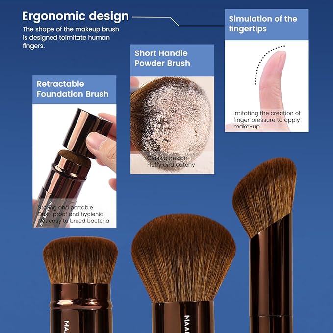 MAANGE 20 PCS Makeup Brush Set with Bag, Double-ended Kabuki Brush Foundation Contour Brush for Liquid Powder Concealer Eye Shadows Cream Cosmetics Blending Blush Face Makeup Tools (Brown)