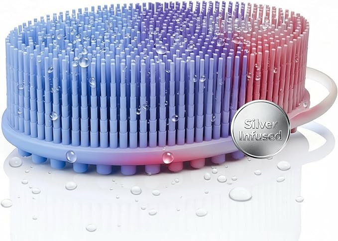 Silver Infused Silicone Body Scrubber Shower - Gentle Back Scrubber Soft Bristles - Avilana Premium Dual Sided Bath Brush Massage - Advanced Material Loofah Alternative - Gift Women Men