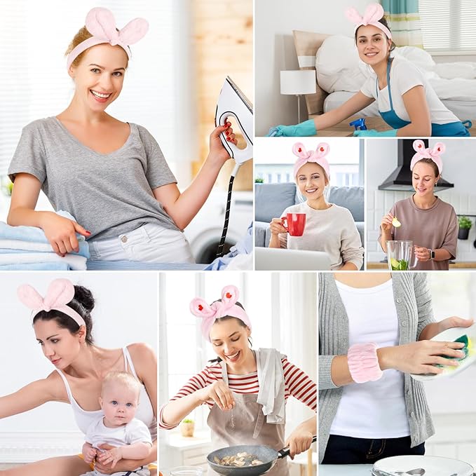 4Pack Headband and Wristband Set for Washing Face, Spa Skincare Makeup Headband, Soft Puffy Hair Band Bow Tie, for Women and Teen Girl Trendy Stuff Gifts