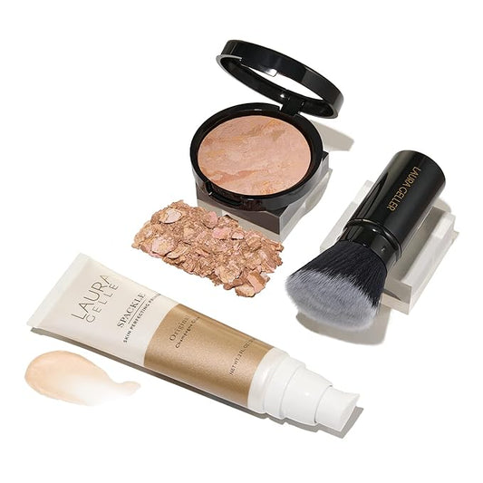 LAURA GELLER NEW YORK Everyday Routine Kit - Baked Balance-N-Brighten Color Correcting Powder Foundation, Fair + Retractable Angled Kabuki + Spackle Makeup Primer, Champagne Glow (3 PC)