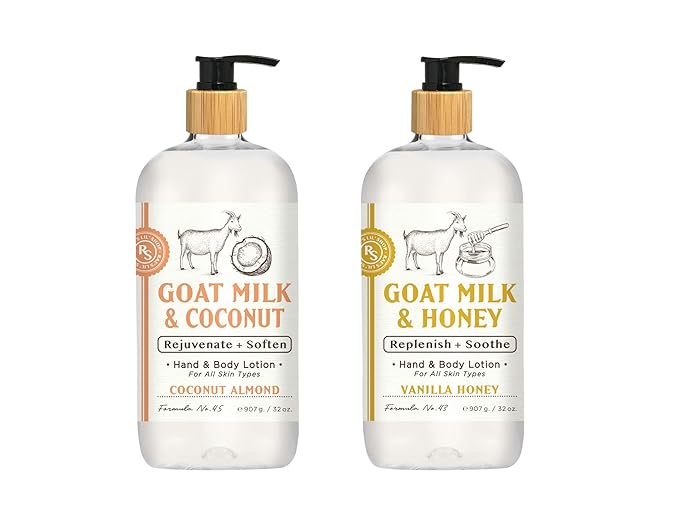 Raes Lil Shop Goats Milk Hand & Body Lotion, Coconut Almond and Vanilla Honey Scents, 32 oz Set of 2 by Home and Body Company