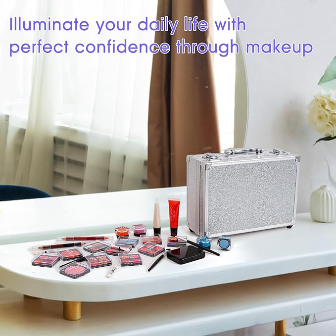 Makeup Kit for Teenager & Women Full Kit, All- In- One Makeup Set With The Cosmetic Train Case, Professional Makeup Kit, Makeup Gift Set for Women Girls(silver)