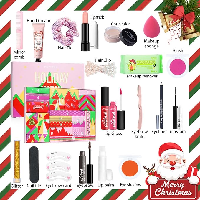 Makeup Advent Calendar 2025, 24 Days Christmas Gifts for Teenage Girls Women All in One Makeup Kit Surprise Gift Christmas Countdown Calendar Gifts with Eyeshadow Palette Lipstick Foundation Eyebrow
