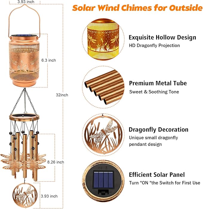 Dragonfly Solar Wind Chimes for Outside, Gifts for Christmas Mom Women Grandma Birthday Memorial Teacher, 32" Windchimes Outdoor Decor Hanging Solar Lantern for Garden Porch Patio Backyard