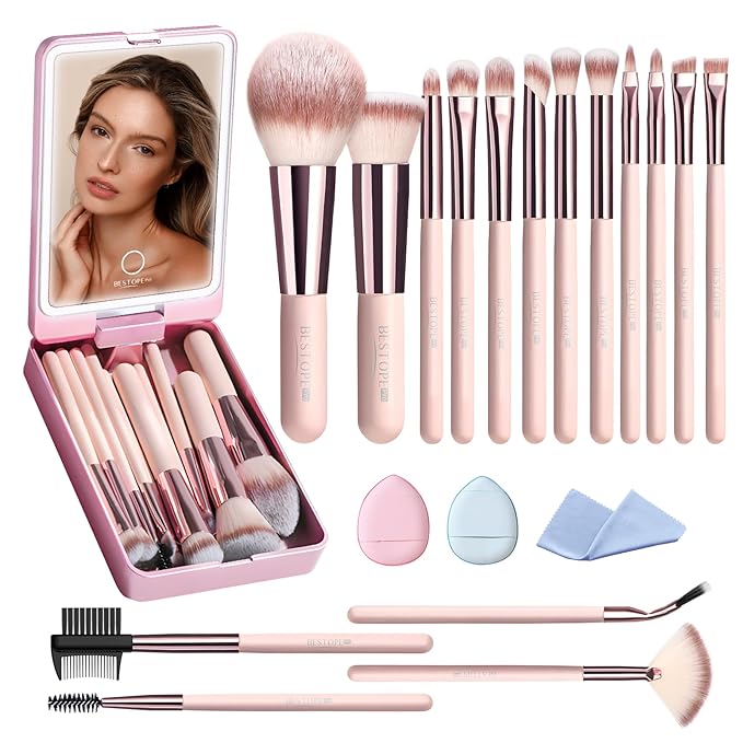 Makeup Brushes with Case, 20PCs Travel Makeup Brush Set, Foundation Concealer Blush Eyeshadow Brush Set Contour Powder Eyebrow Eyelash Brush Kit with Led Light Mirror Holder & 2 Powder Puff-Pink