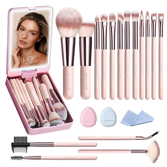 Makeup Brushes with Case, 20PCs Travel Makeup Brush Set, Foundation Concealer Blush Eyeshadow Brush Set Contour Powder Eyebrow Eyelash Brush Kit with Led Light Mirror Holder & 2 Powder Puff-Pink