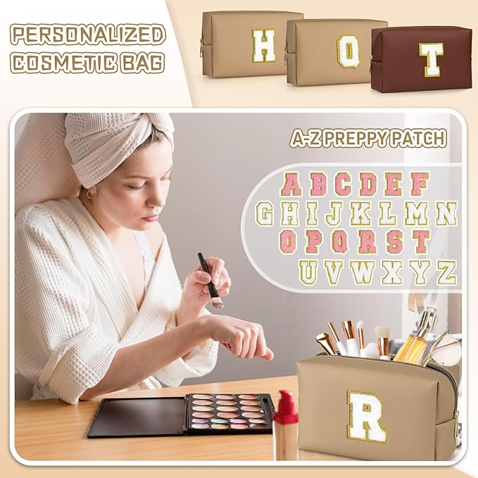 TOPEAST Initial Makeup Bag for Travel, Chenille Letter Pouch Cosmetic Bag, PU Leather Waterproof Toiletry Bag, Personalized Gifts for Bride Bridesmaids, Cute Things for Girls (Khaki Q)