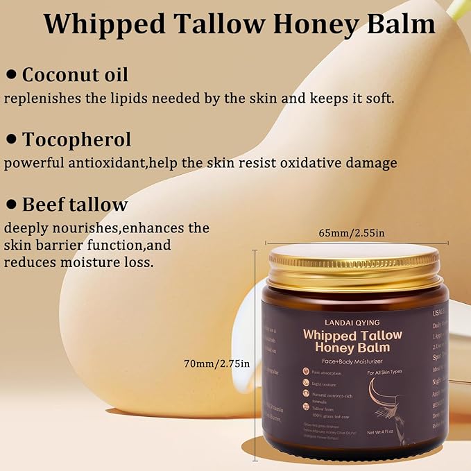 Organic Grass-Fed Beef Tallow Cream, Natural Beef Tallow for Face with Honey, Olive Oil - Fast-Absorbing Body & Face Moisturizer Cream, Smooth, Nourishing Skincare for Dry, Sensitive Skin