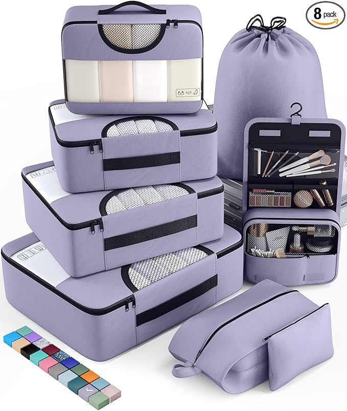 Veken 8 Set Packing Cubes for Travel Essentials, Suitcase Organizer Bags in 4 Sizes, Carry-On Luggage Accessories with Large Laundry & Hanging Toiletry Bag, Must-Have for Airplane, Road Trip & Camping