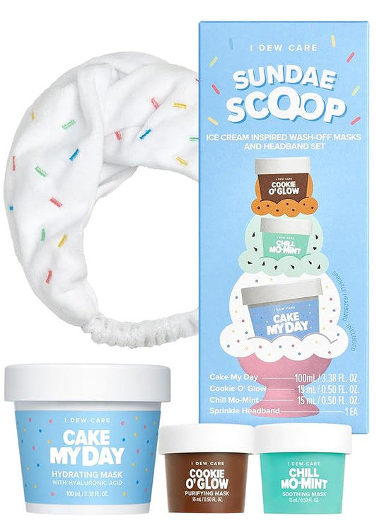 I DEW CARE Wash Off Face Mask Set - Sundae Scoop | Hyaluronic Acid Skincare Essentials, Moisturizing, Hydrating, Soothing, Exfoliating, Dry Sensitive Skin, Stocking Stuffers, Travel Size, Mini Set