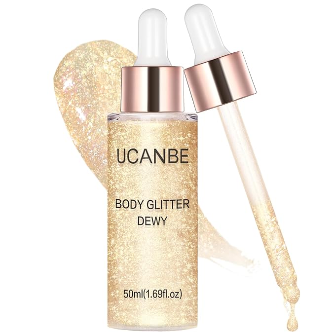 Liquid Glitter Highlighter Glow Drops – Face Highlighter & Body Shimmer Makeup, Illuminating Radiant Glow for Festival Rave Party, Long Lasting 01 Champagne Gold