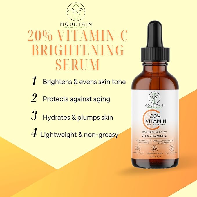 Vitamin C Serum – 20% 3-0-Ethyl Ascorbic Acid, Ferulic Acid & Vitamin E – Brightening, Hydrating, Anti-Aging Serum for Dark Spots, Uneven Skin Tone & Wrinkles – 30mL / 1 fl oz