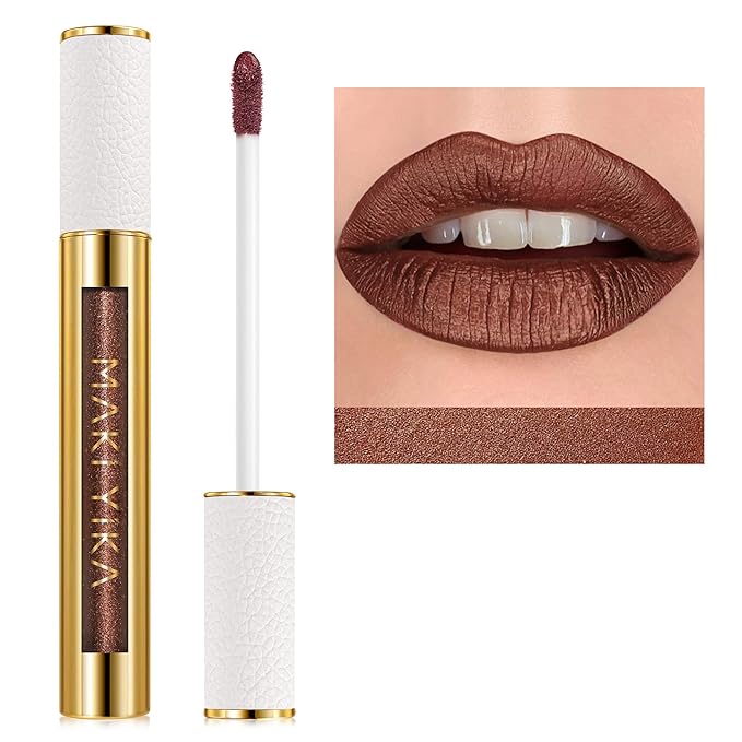 MAKI YIKA Brown Lipstick for Women Metallic Lipsticks Glitter Long Lasting Lipstick No Smudge No Transfer Liquid Lip Gloss (BR04 After Heat)