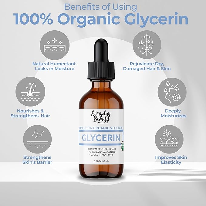 100% Organic Glycerin - For Skin & Hair - Food Grade - USDA Certified - Not From Palm Oil - Perfect Skin and Hair Moisturizer - 1 Fl Oz Glass Bottle & Dropper