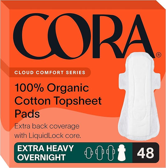 Cora 100% Organic Cotton Topsheet Pad | Ultra Thin Period Pads with Wings | Extra Heavy Overnight Absorbency | Unscented Ultra-Absorbent Sanitary Pads for Women (48 Count)