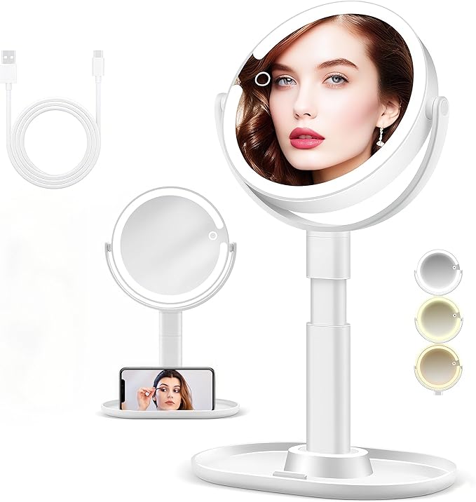 Makeup Mirror with Lights, 10x Magnifying Mirror with Light, 3 Color Lights, Double Side Touch Control, Height Adjustable, Vanity Mirror for Travel, Type-C Fast Charge, Gifts for Women