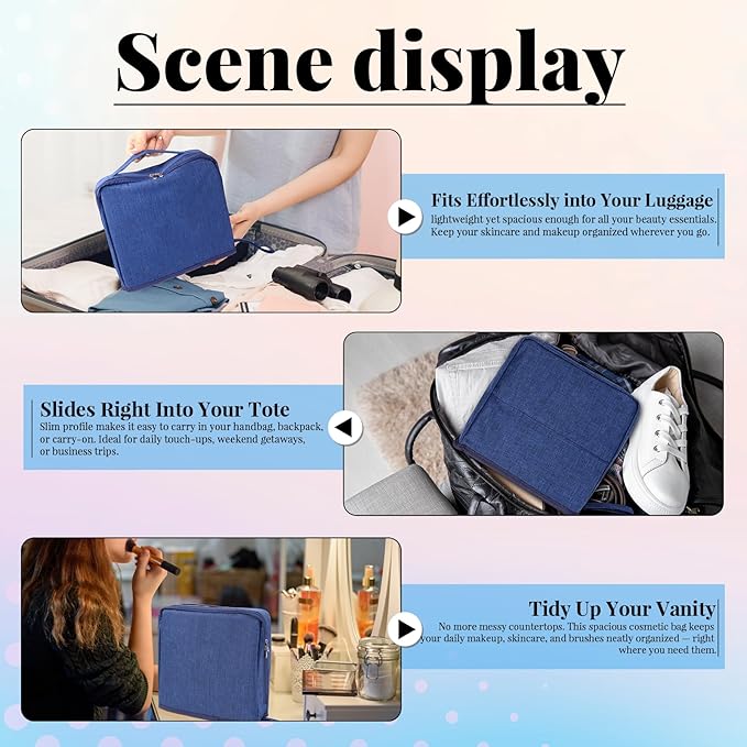 Standing Makeup Bag Gift Set – Large Travel Cosmetic Organizer That Supports Mirror or Phone – Includes 3 Silk Scrunchies & 10 Duckbill Hair Clips – Great Gift for Women & Girls (NAVY BLUE)