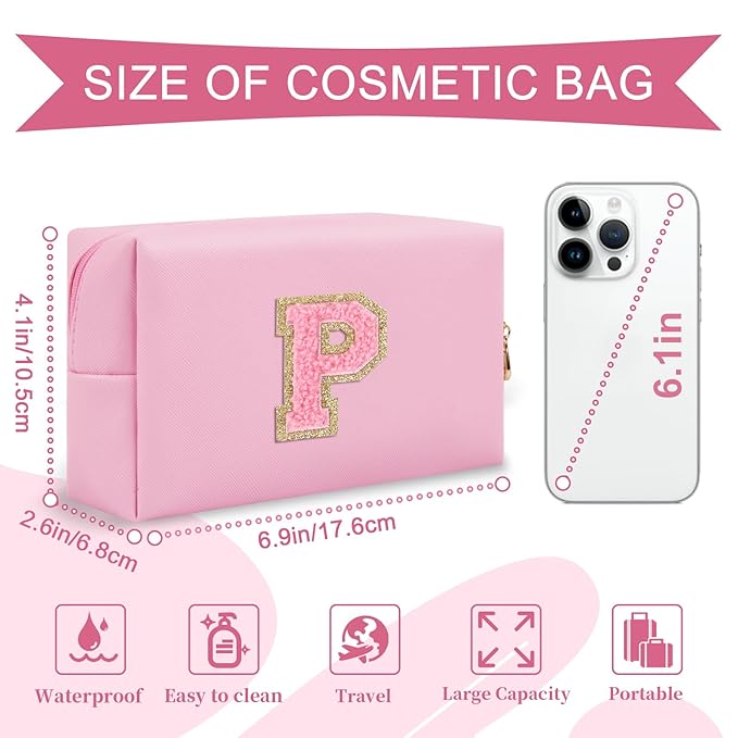 Personalized Initial A-Z Preppy Patch Makeup Bag,Small PU Leather Chenille Letter Cosmetic Bag with Zipper for Teen Girls,Pink Cute Travel Toiletry Bag,Birthday Monogrammed Gift for Daughter,Letter P
