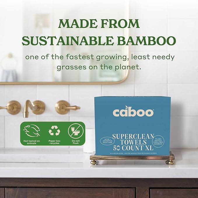 Caboo Bamboo Disposable Face Towels – 50 Soft, Lint-Free Towels (10x11.5”) | Biodegradable, Eco-Friendly & Extra Large | Gentle Alternative to Makeup Wipes or Washcloths