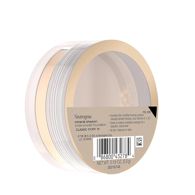 Neutrogena Mineral Sheers Loose Powder Makeup Foundation, Lightweight Face Makeup, Sheer to Medium Buildable Coverage, Sensitive Skin Foundation with Vitamins A, C, & E, Classical Ivory 10, .19 oz