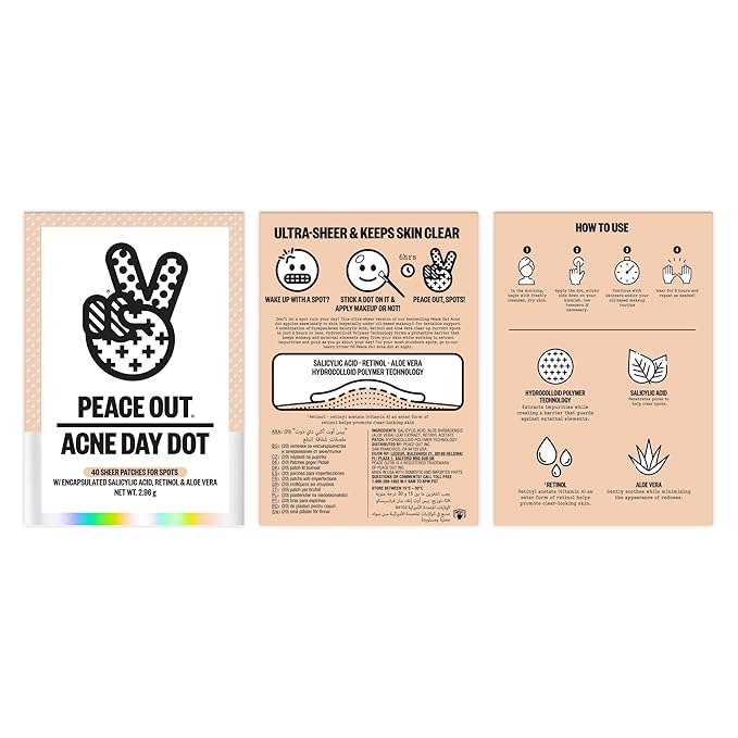 PEACE OUT Acne Day Dot, Sheer Acne Healing Dots, Virtually Invisible Wear, Hydrocolloid Pimple Patches Helps Clear Blemishes Quickly with Encapsulated Salicylic Acid, Retinol & Aloe Vera, 40 dots